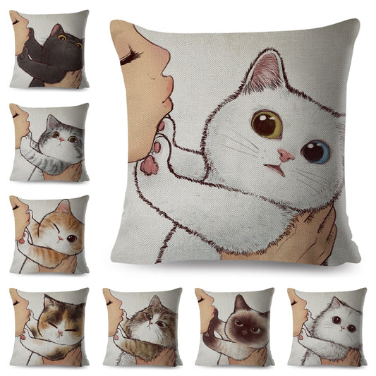 Fundas de almohada divertidas con besos de amor y gatos lindos para sofá, casa, coche