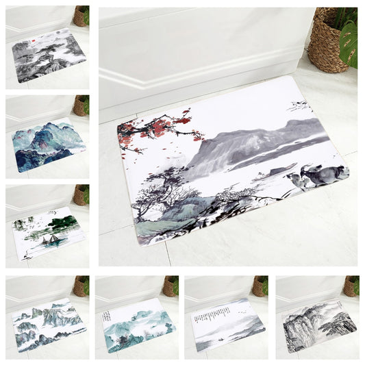 Tapis de sol à l'encre de Chine, décor de beau paysage, paillasson