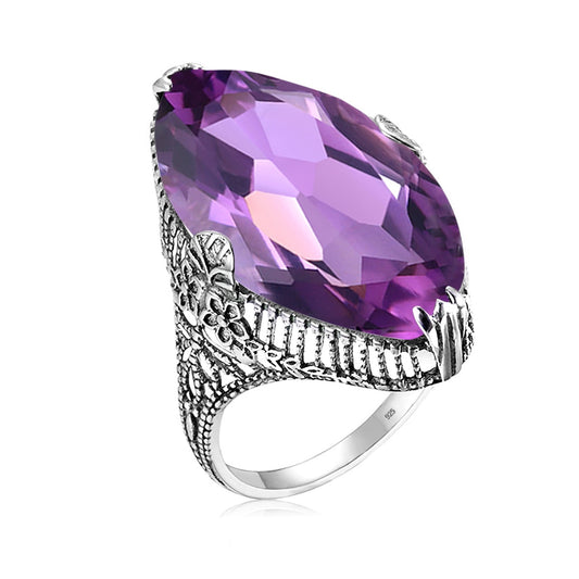 Anillo de plata de ley con filigrana de cisne floral y piedra amatista morada de talla marquesa