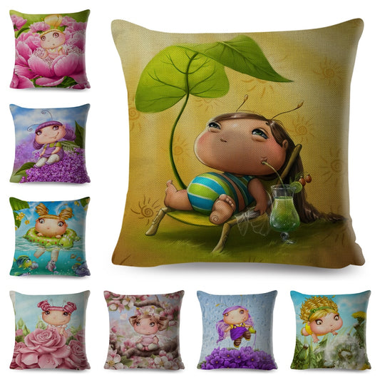 Bonita funda de almohada con diseño de niña de las flores y cuento de hadas