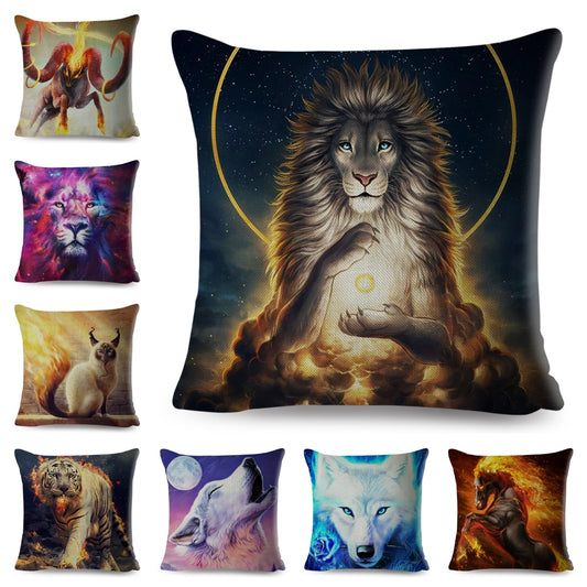 Funda de almohada con diseño de león, lobo y caballo, con dibujos de animales en acuarela.