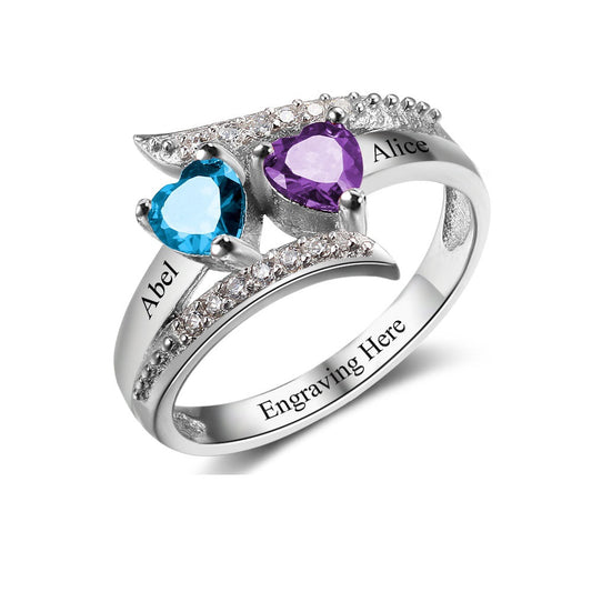 Anillo de corazón de plata de ley 925 con nombre grabado y piedra de nacimiento personalizada