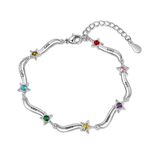 Pulsera personalizada con 2-7 nombres y estrella con incrustaciones de piedra de nacimiento