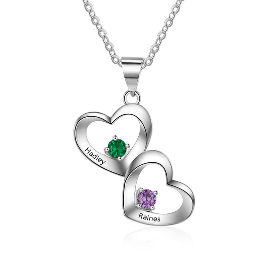Collar personalizado de plata de ley 925 con dos piedras de nacimiento y corazón. Collar con grabado personalizado.
