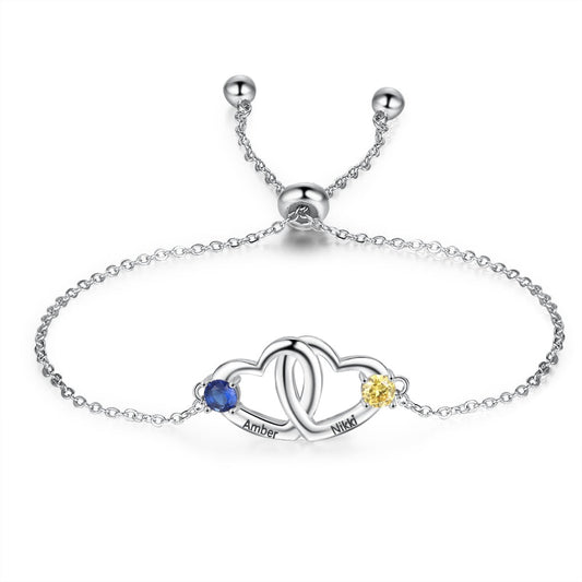 Customized Birthstone Double Heart Personalized Name Engraved Bracelet