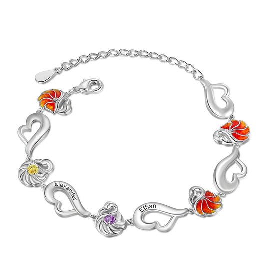Pulsera personalizada con nombre grabado y piedra de nacimiento con decoración de flamenco
