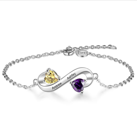 Pulsera personalizada con dos nombres grabados y piedra de nacimiento de corazón infinito