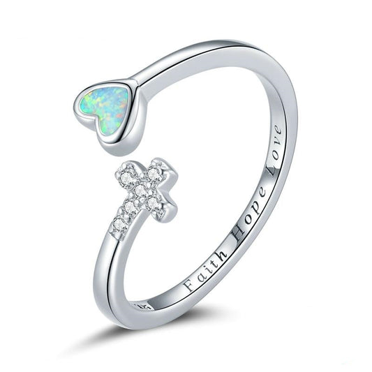 Anillo ajustable abierto con corazón de ópalo, cruz de amor, fe, esperanza y amor