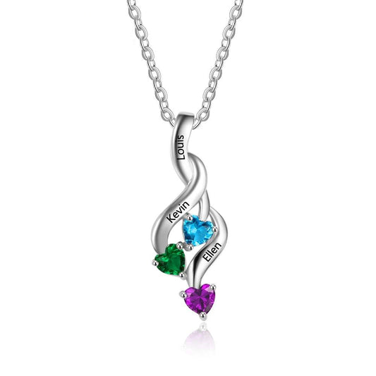 Collar con colgante personalizado con 12 piedras de nacimiento y 3 corazones grabados, joyería de plata de ley 925