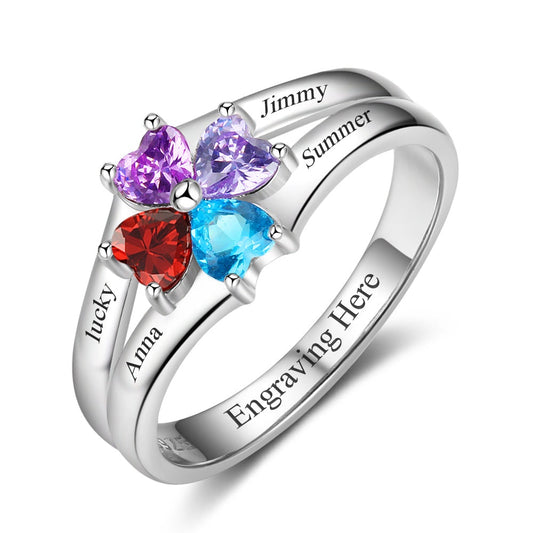 Anillo personalizado de plata de ley 925 con 4 piedras de nacimiento y 4 nombres grabados