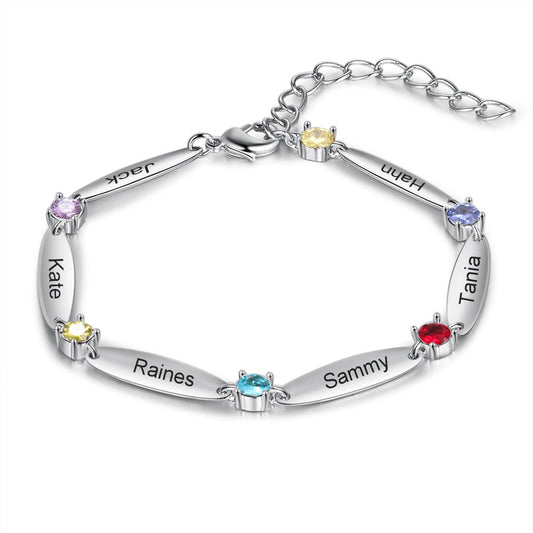 Pulsera personalizada con 6 piedras de nacimiento incrustadas y nombre grabado