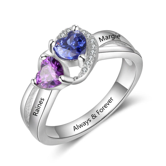 Anillo personalizado de plata de ley 925 con nombre grabado y piedra de nacimiento de corazón