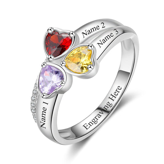 Anillo personalizado de plata de ley 925 con forma de corazón y piedra de nacimiento, grabado con 3 nombres