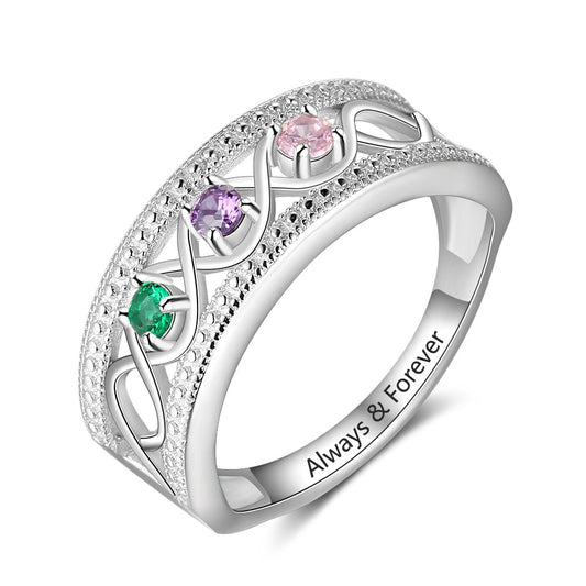Anillo de amor infinito personalizado en plata de ley 925 con 3 piedras de nacimiento y nombre personalizado