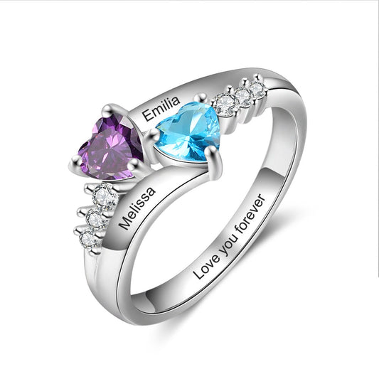 Anillo personalizado con nombre y dos piedras de nacimiento de corazón en plata de ley 925