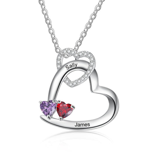 Collar con colgante de corazón con piedra de nacimiento personalizada y grabado personalizado con dos nombres