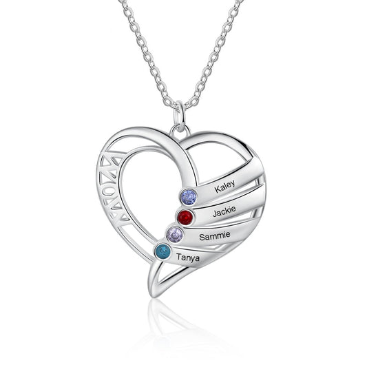 Collar con piedra de nacimiento personalizada y colgante de corazón grabado con nombre de familia personalizado