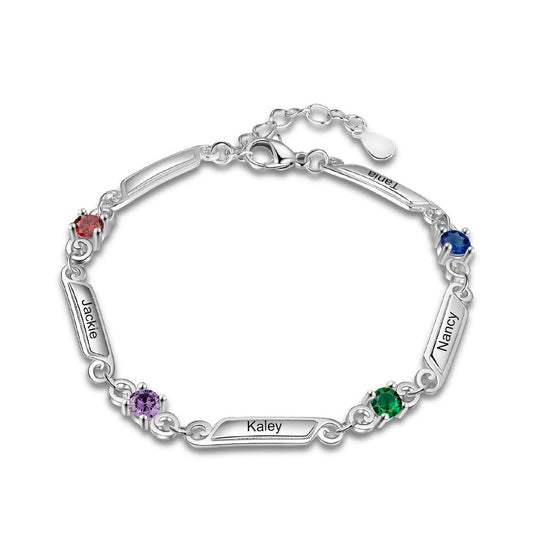 Pulsera personalizada con 4 piedras de nacimiento y nombres familiares grabados
