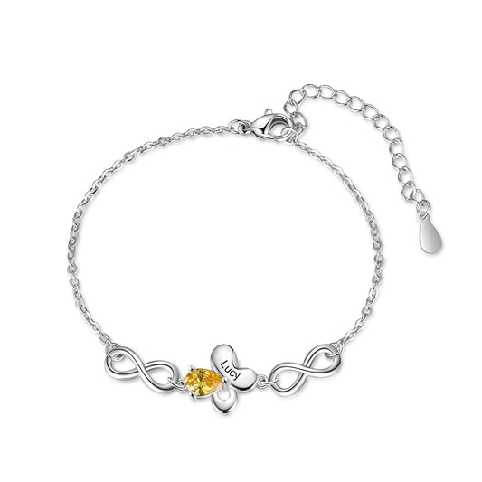 Personalized Butterfly Inlaid Birthstone Infinity Love Customized 1-6 Name Engraved Bracelet