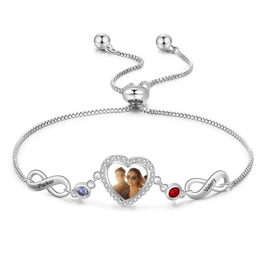 Personalized Custom Photo 2 Birthstones Adjustable Chain Engraved Name Bracelet