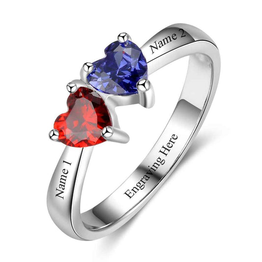 Anillo de promesa personalizado con doble corazón y nombre grabado con piedra de nacimiento