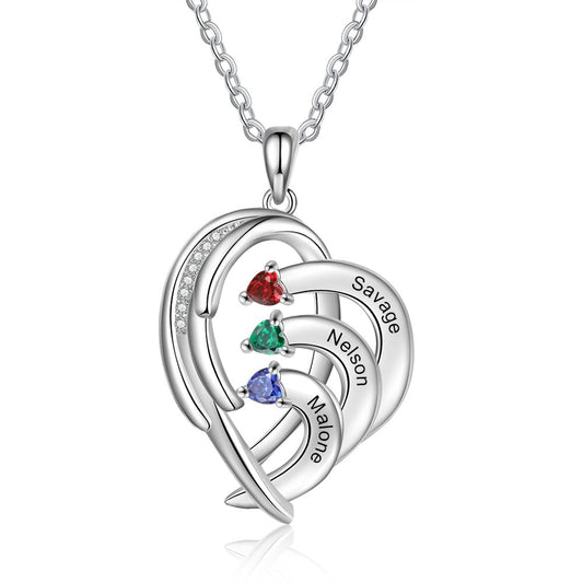 Collar con nombre grabado personalizado y colgante romántico de corazón con 2-4 piedras de nacimiento incrustadas