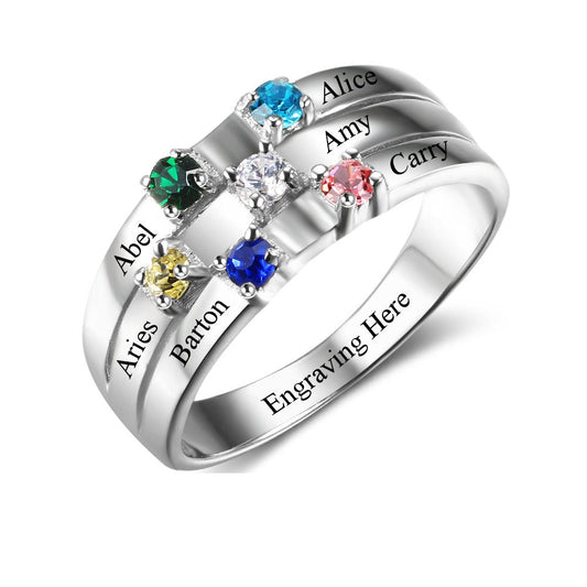 Anillo de plata de ley 925 con grabado personalizado de nombres familiares y 6 piedras de nacimiento