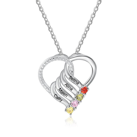Collar con colgante de corazón familiar personalizado con 2-6 piedras de nacimiento y nombre grabado personalizado.