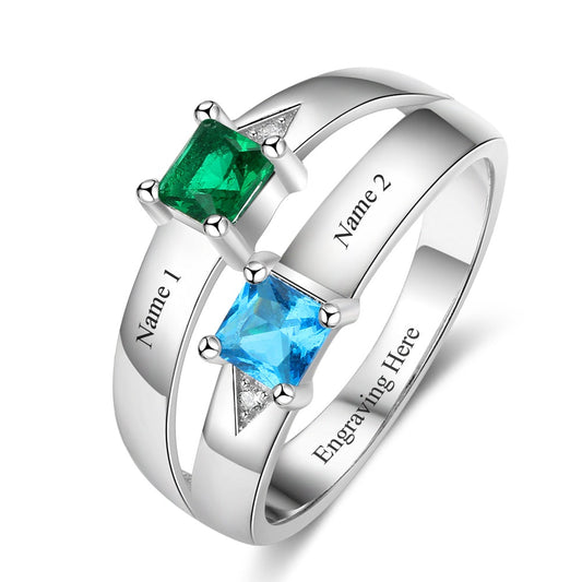 Anillo de promesa personalizado con 2 piedras de nacimiento grabadas