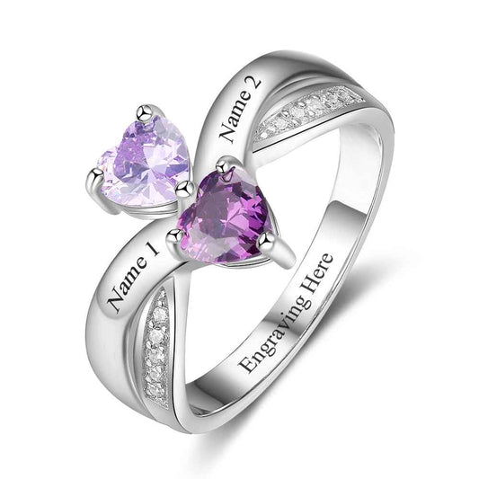 Anillo de plata de ley 925 con corazón personalizado y piedra de nacimiento grabada con dos nombres