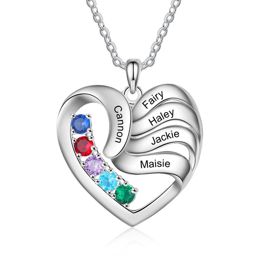 Collar de corazón personalizado con 2-5 nombres y piedras de nacimiento personalizadas. Joyería de moda.