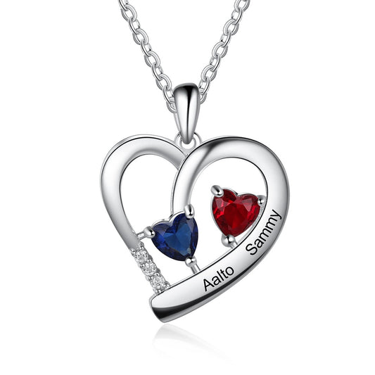 Collar de corazón personalizado con colgante con nombre y piedra de nacimiento grabada