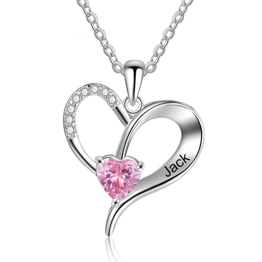 Collares de corazón personalizados para mujer, color plata, con piedra de nacimiento personalizada y grabado de nombre.