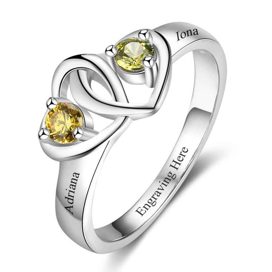 Anillo personalizado de corazón a corazón con nombre grabado y piedra de nacimiento