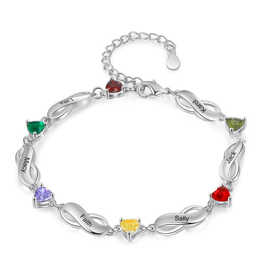 Pulsera personalizada Infinity con seis corazones con incrustaciones de piedras de nacimiento y nombre grabado