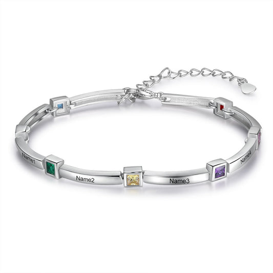 Pulsera personalizada con incrustaciones de piedra de nacimiento cuadrada y 8 nombres grabados
