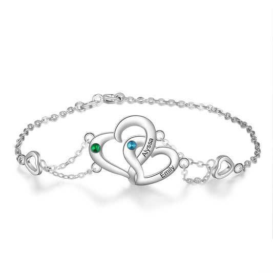 Pulsera personalizada con nombre grabado y piedra de nacimiento de corazón entrelazado