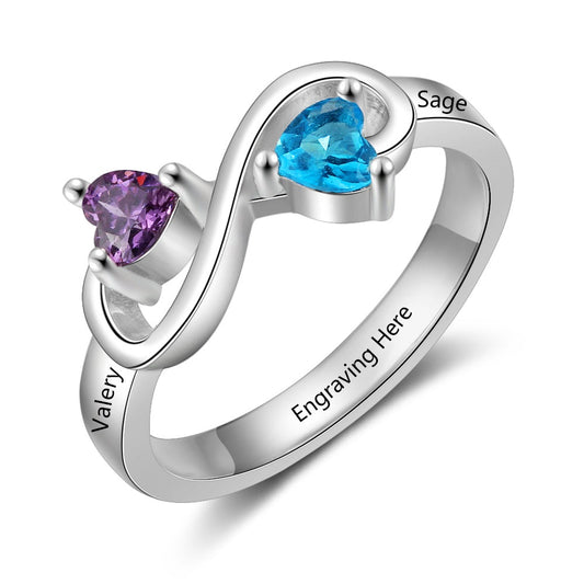 Anillo personalizado con nombre y piedra de nacimiento de corazón en plata de ley 925