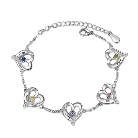 Pulsera personalizada con múltiples corazones y piedras de nacimiento, con grabado de nombres (del 1 al 5)