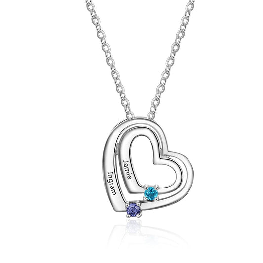 Collar con nombre personalizado y dos piedras de nacimiento grabadas a medida. Colgante de plata de ley 925.