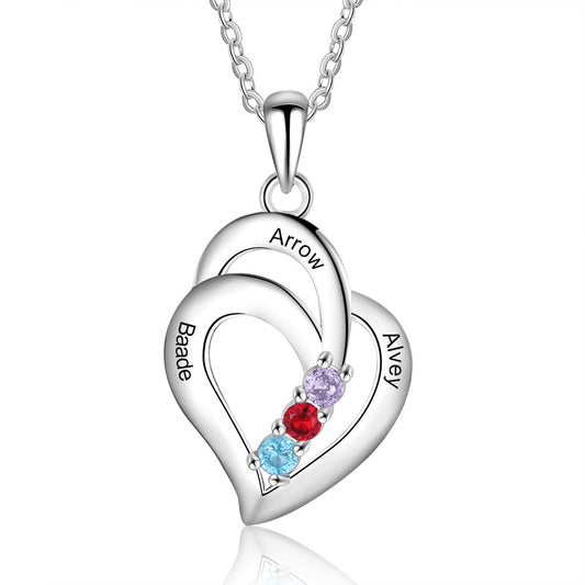 Collar con nombre personalizado y 3 piedras de nacimiento grabables. Collar con colgante personalizado.