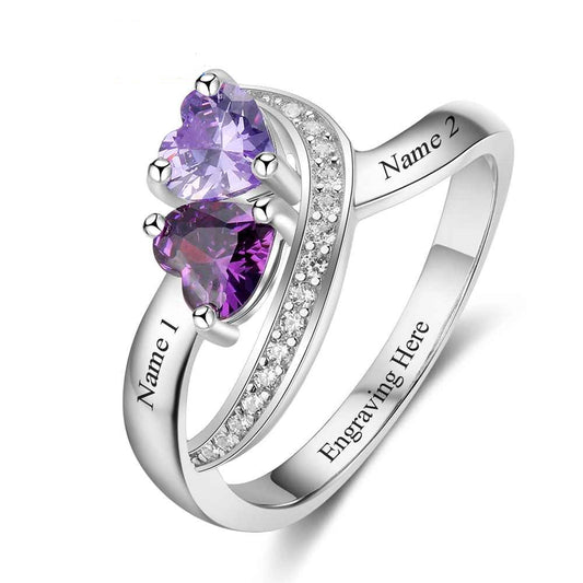 Anillo de plata de ley 925 con piedra de nacimiento de corazón personalizada y grabado personalizado de 2 nombres