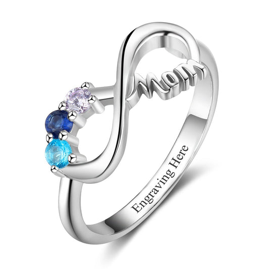Bague personnalisée en argent sterling 925 avec gravure intérieure personnalisée et 3 pierres de naissance.