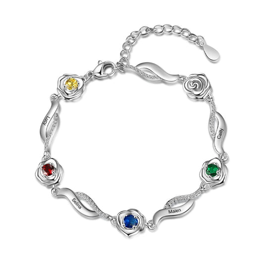 Pulsera personalizada con rosa, nombre grabado, piedra de nacimiento incrustada, 1-5 flores
