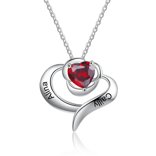 Collar con colgante de corazón de rosa personalizado y piedra de nacimiento grabada con nombre de pareja