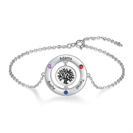 Pulsera personalizada con nombre grabado y piedra de nacimiento del árbol de la vida