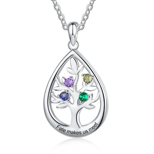 Collar personalizado del Árbol de la Vida con piedra de nacimiento y colgante de gota de agua con grabado personalizado.