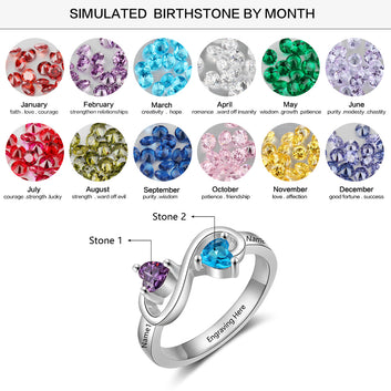Anillo personalizado con nombre y piedra de nacimiento de corazón en plata de ley 925