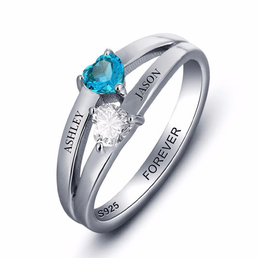 Anillo personalizado con nombre y piedra de nacimiento de doble corazón en plata de ley 925