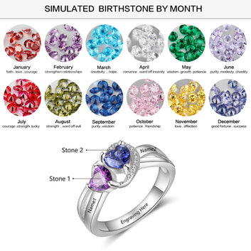 Anillo personalizado de plata de ley 925 con nombre grabado y piedra de nacimiento de corazón